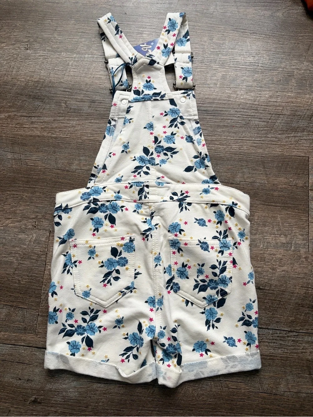 Floral Denim Shortalls with Blue and Pink Accents